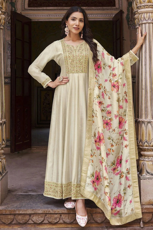 Cream Colour Semi Stitched Silk Anarkali Suit SM1140248
