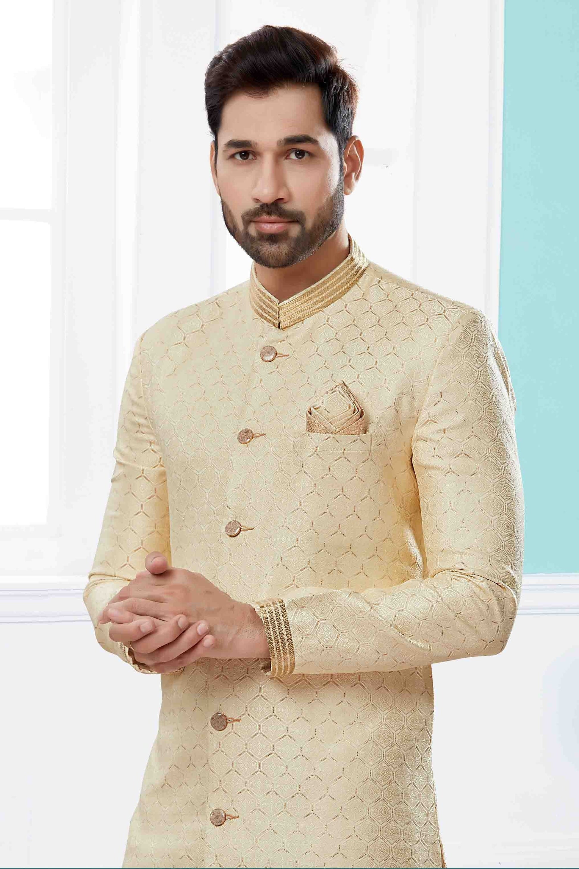 Cream Colour Sherwani In Banarasi Jacquard Fabric SH1040413 A