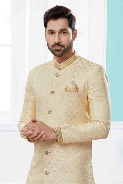 Cream Colour Sherwani In Banarasi Jacquard Fabric SH1040413 A
