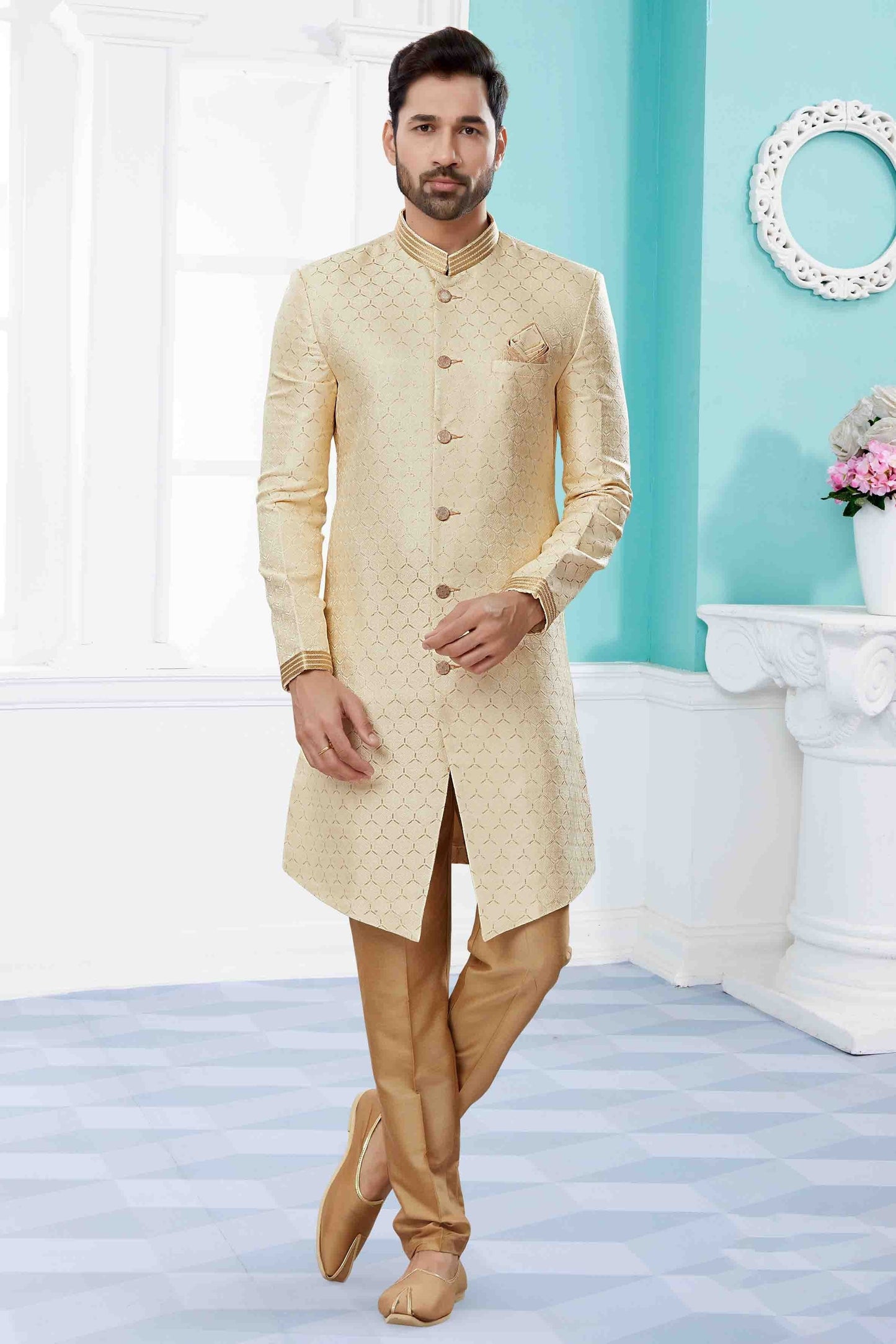 Cream Colour Sherwani In Banarasi Jacquard Fabric SH1040413