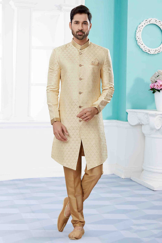 Cream Colour Sherwani In Banarasi Jacquard Fabric SH1040413