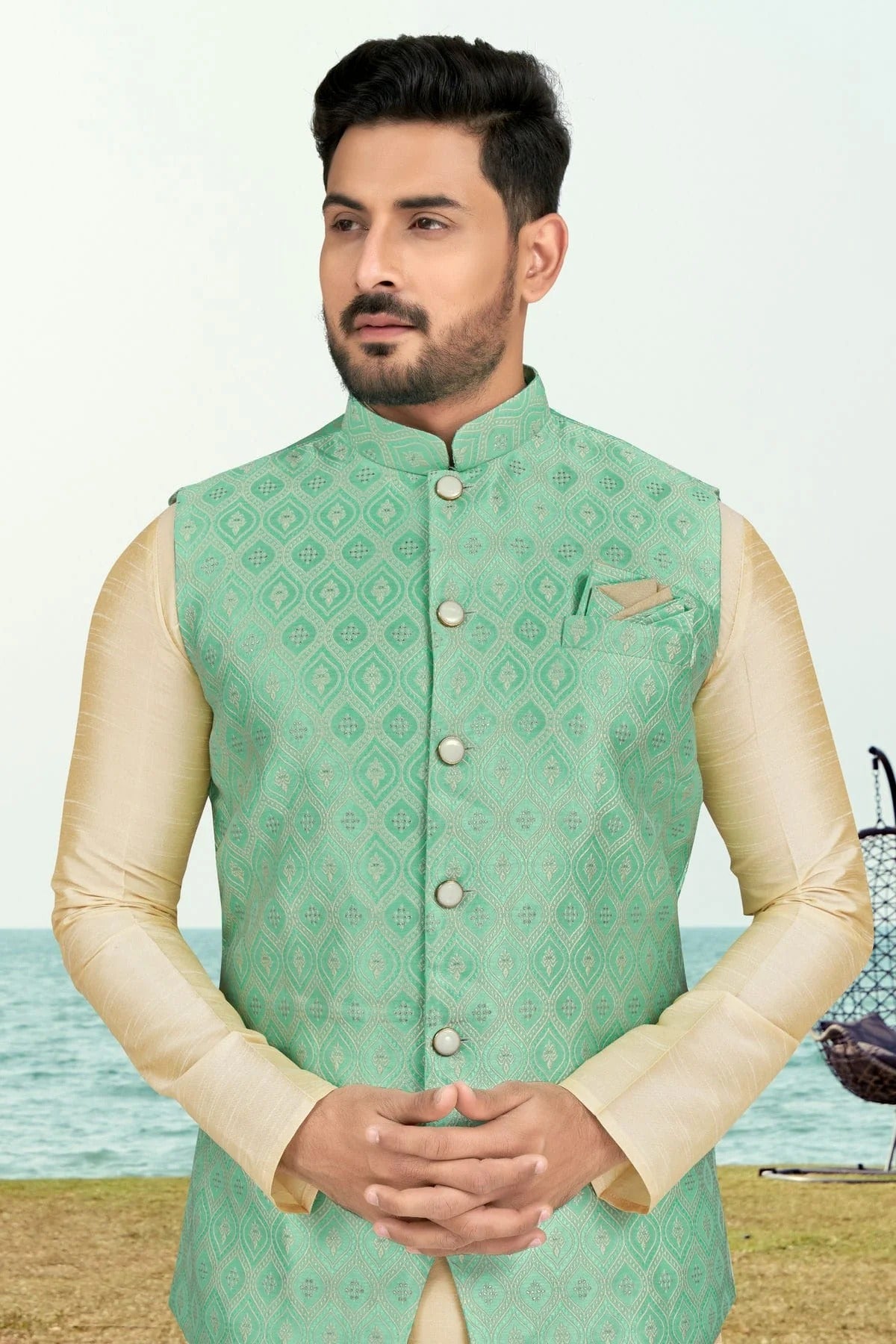Cream Colour Silk Dhupion Jacket Kurta Pajama KP1040495 A