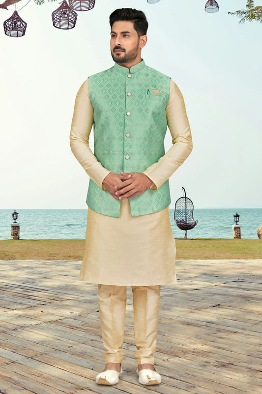 Cream Colour Silk Dhupion Jacket Kurta Pajama KP1040495