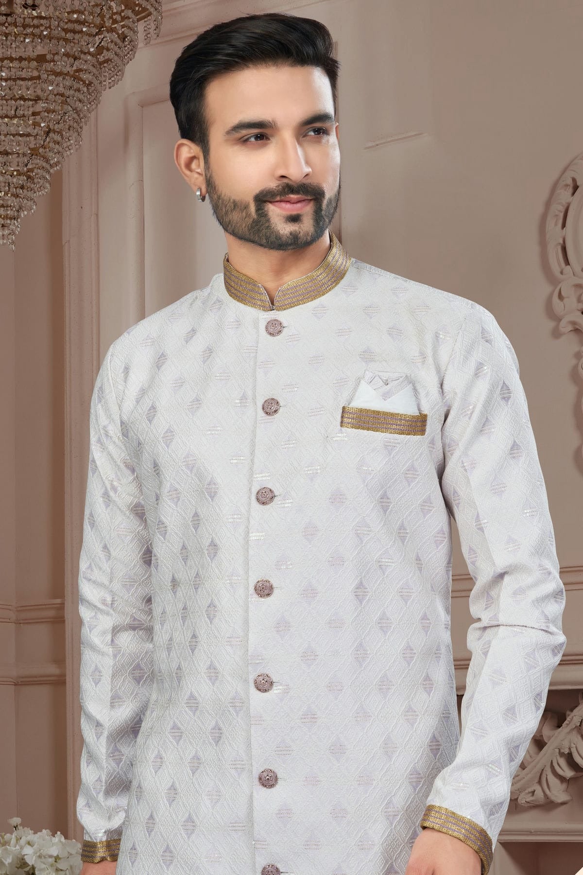 Cream Colour Silk Dupion Sherwani SH1040596 A