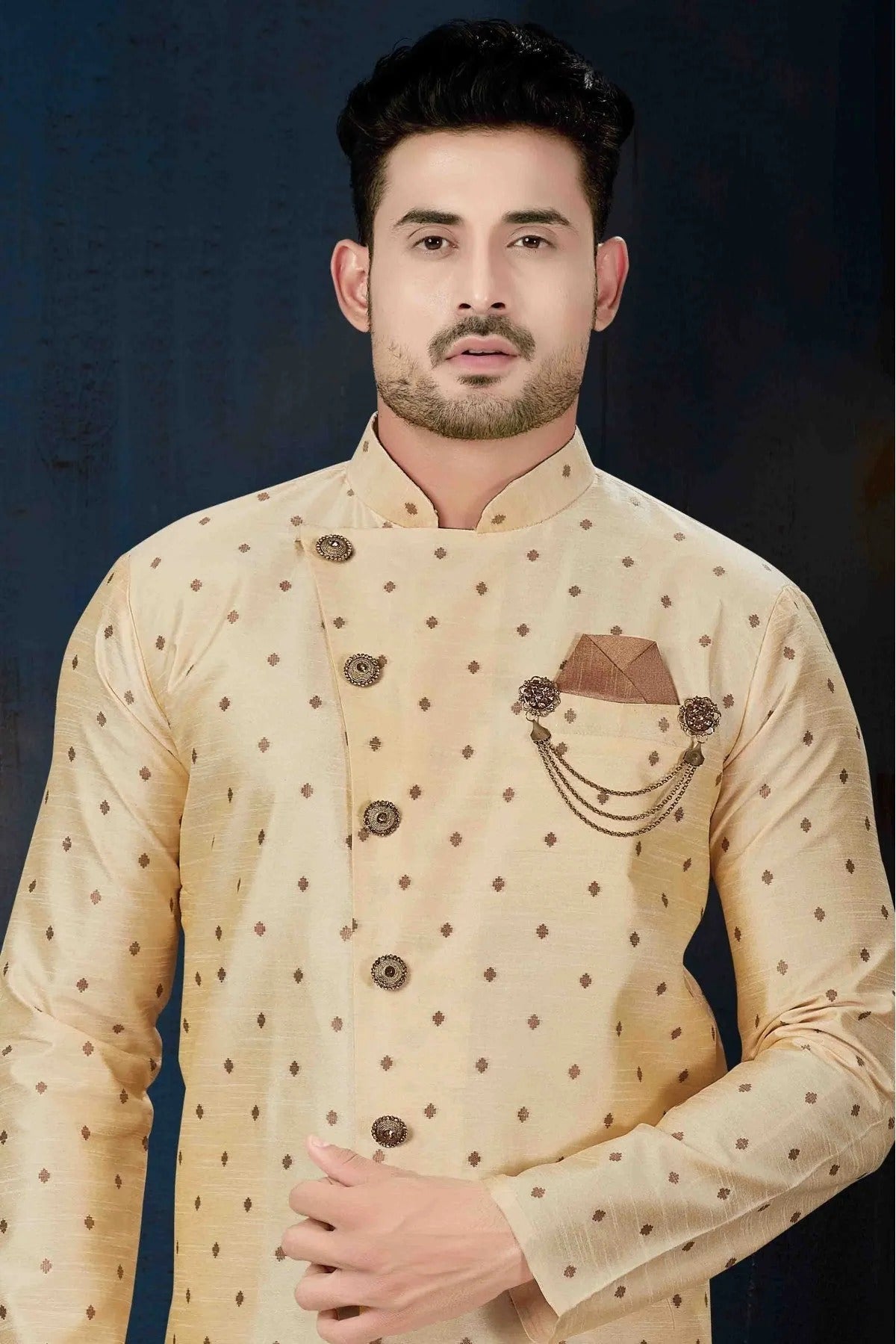 Cream Colour Silk Party Wear Indo Western Sherwani SH1040230 A