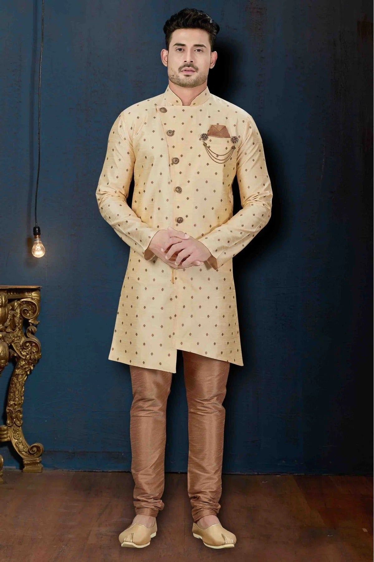 Cream Colour Silk Party Wear Indo Western Sherwani SH1040230