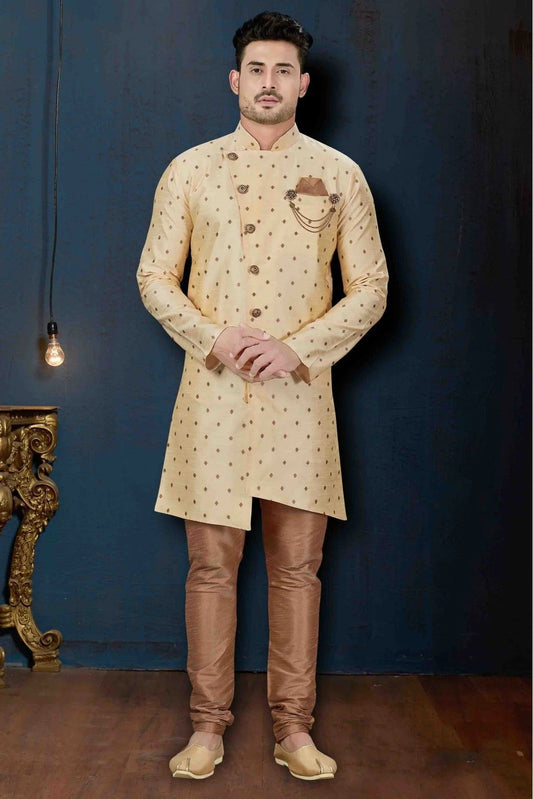 Cream Colour Silk Party Wear Indo Western Sherwani SH1040230