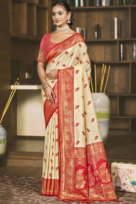 Cream Colour Silk Woven Work Traditional Saree SD1102778