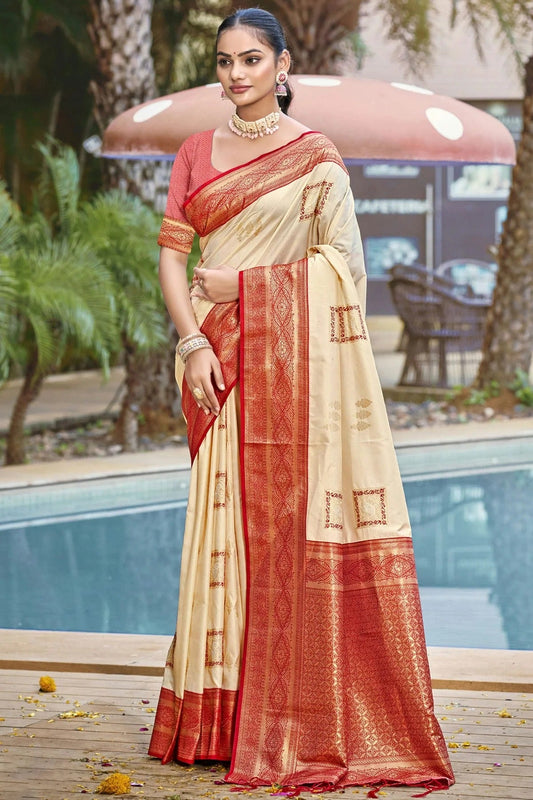 Cream Colour Silk Woven Work Traditional Saree SD1102946