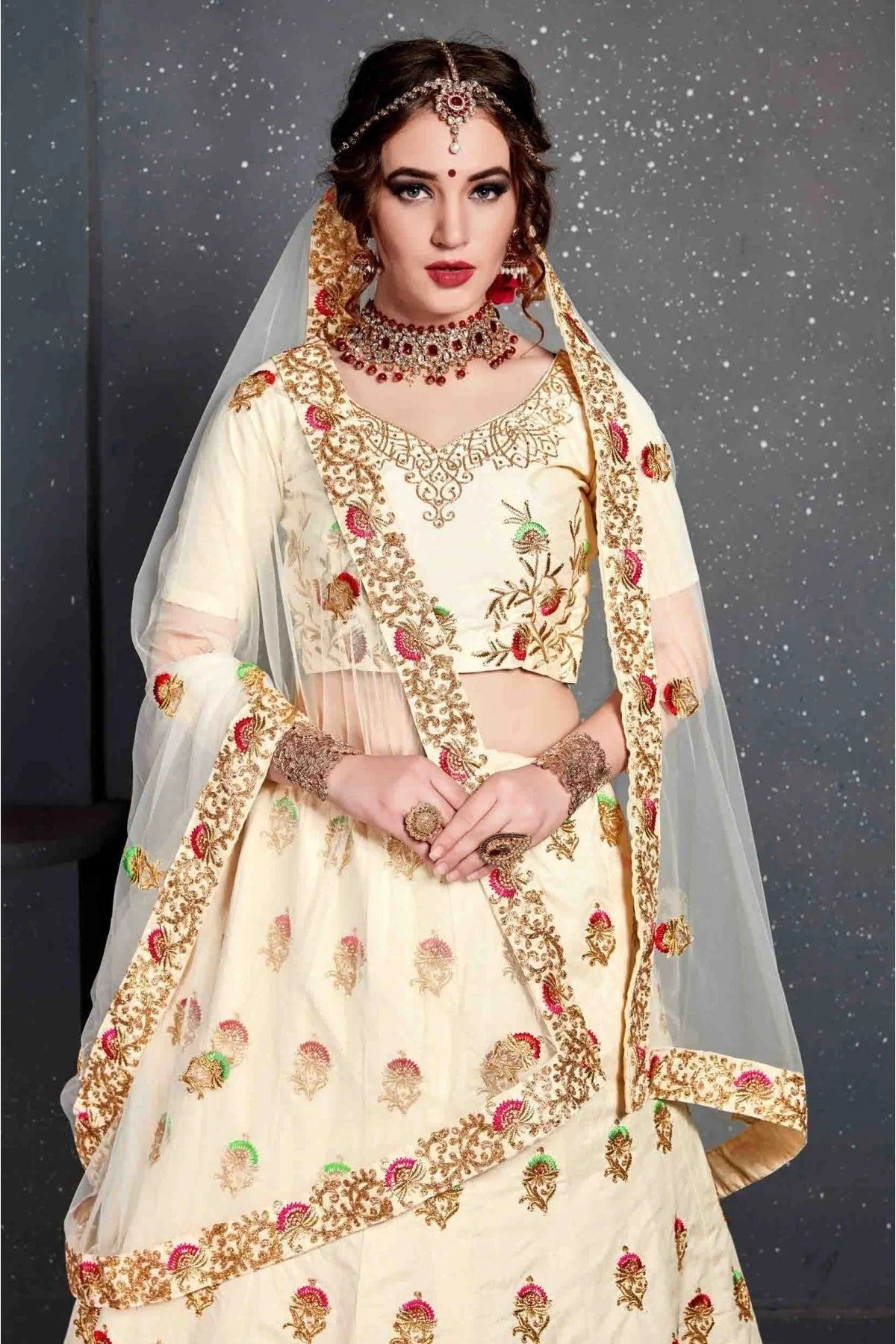 Cream Colour Slub Silk Lehenga Choli LC1010037 B