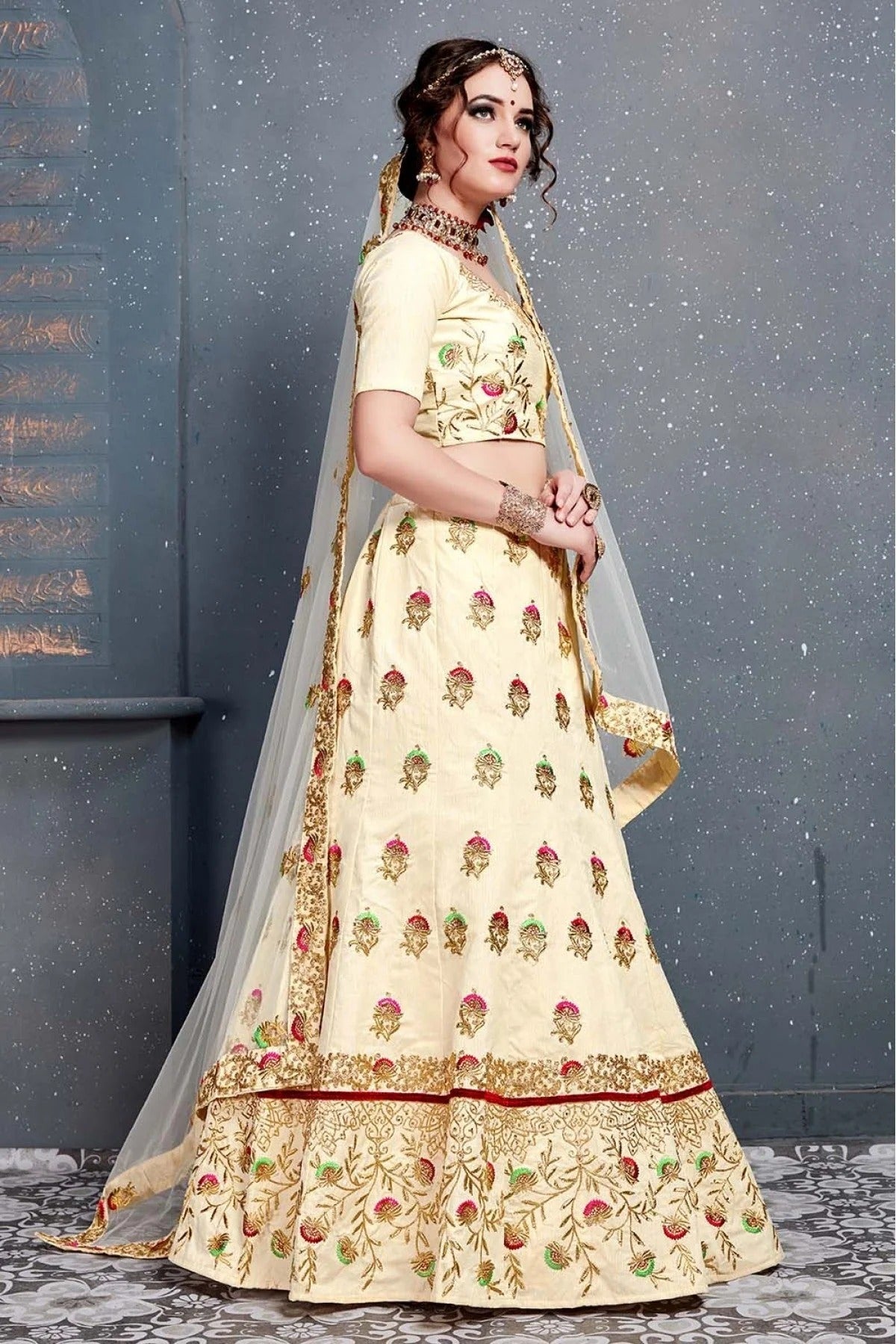 Cream Colour Slub Silk Lehenga Choli LC1010037 C