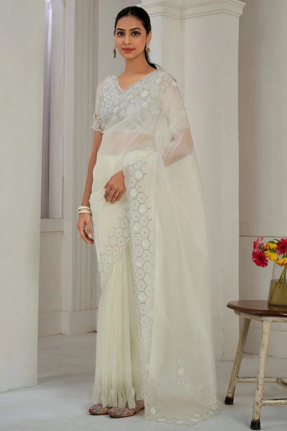Cream Colour Soft Organza Designer Saree SD1121874