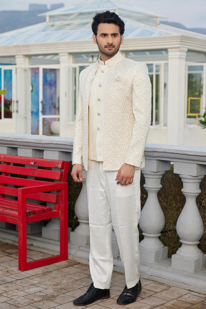 Cream Colour Thread Work Embroidery Art Silk 3 Pcs Jacket Jodhpuri JP1230638