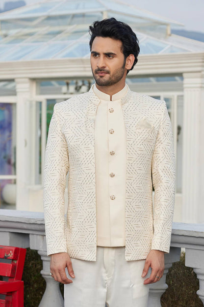 Cream Colour Thread Work Embroidery Art Silk 3 Pcs Jacket Jodhpuri JP1230638
