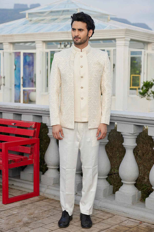Cream Colour Thread Work Embroidery Art Silk 3 Pcs Jacket Jodhpuri JP1230638