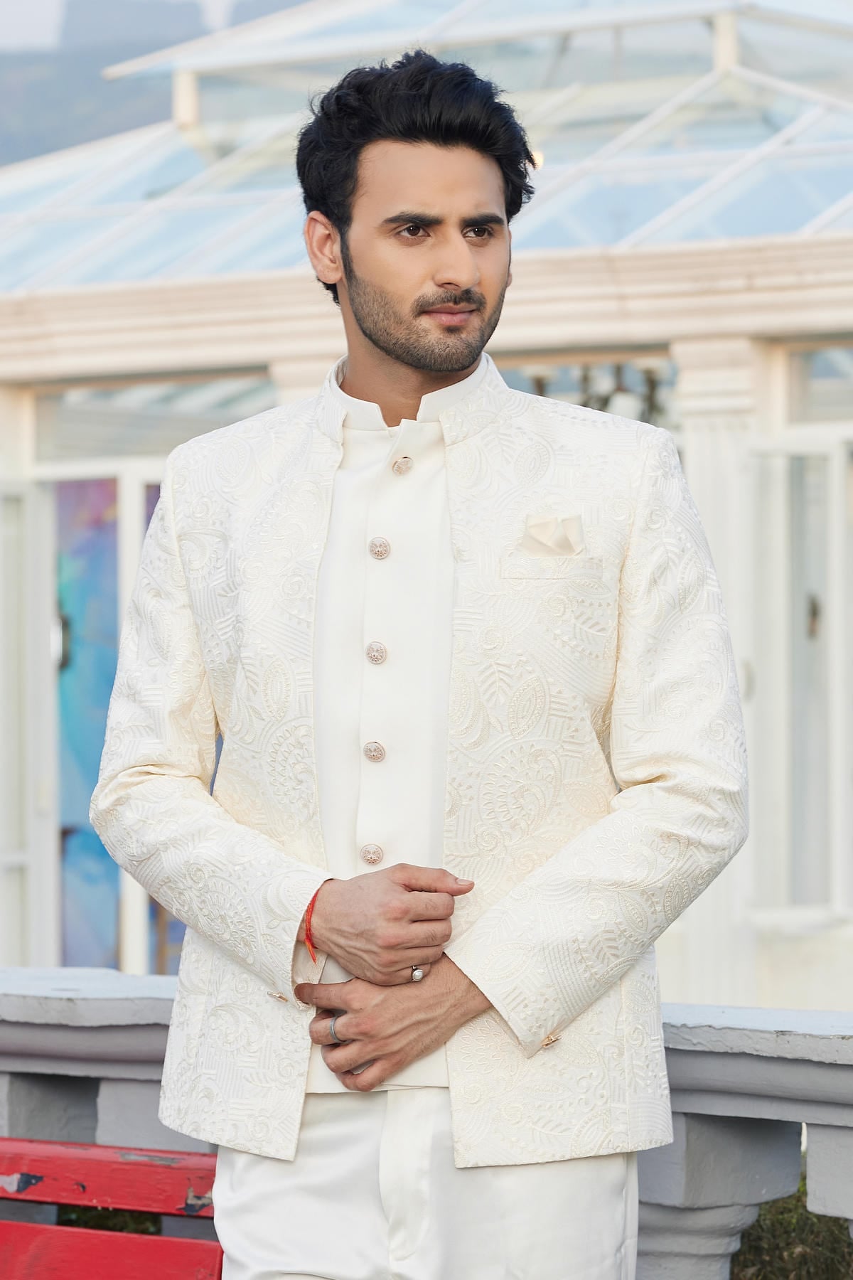 Cream Colour Thread Work Embroidery Art Silk 3 Pcs Jacket Jodhpuri JP1230640