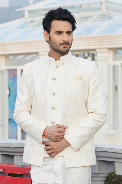 Cream Colour Thread Work Embroidery Art Silk 3 Pcs Jacket Jodhpuri JP1230640