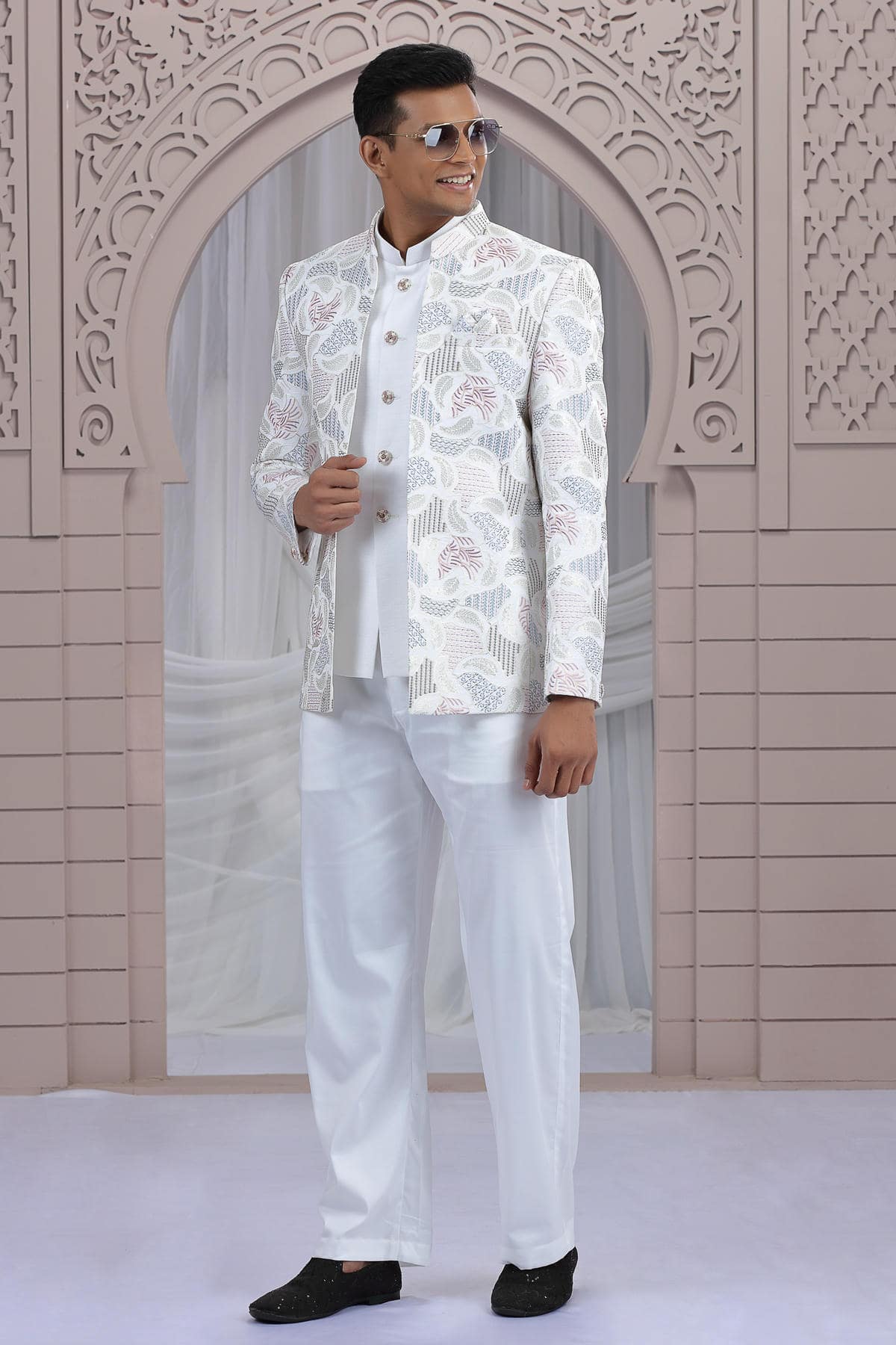 Cream Colour Thread Work Embroidery Art Silk 3 Pcs Jacket Jodhpuri