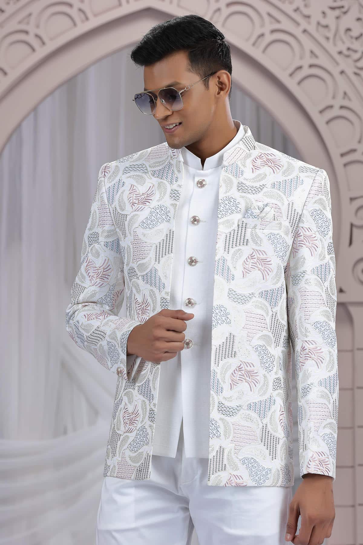 Cream Colour Thread Work Embroidery Art Silk 3 Pcs Jacket Jodhpuri