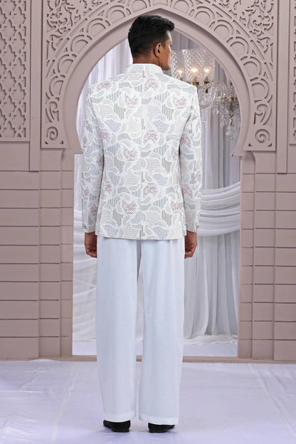 Cream Colour Thread Work Embroidery Art Silk 3 Pcs Jacket Jodhpuri