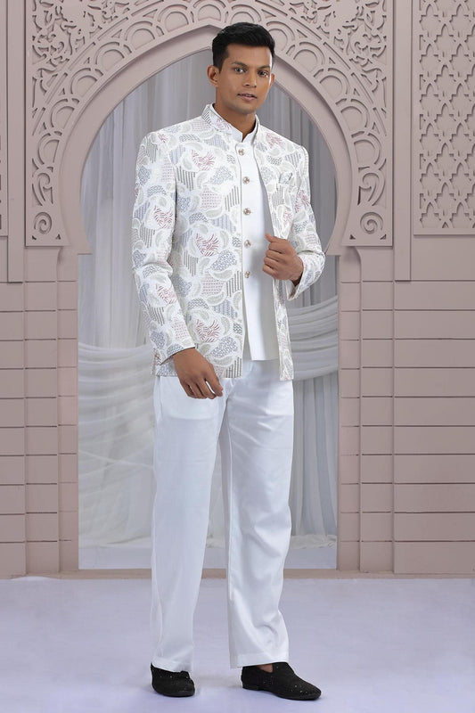 Cream Colour Thread Work Embroidery Art Silk 3 Pcs Jacket Jodhpuri