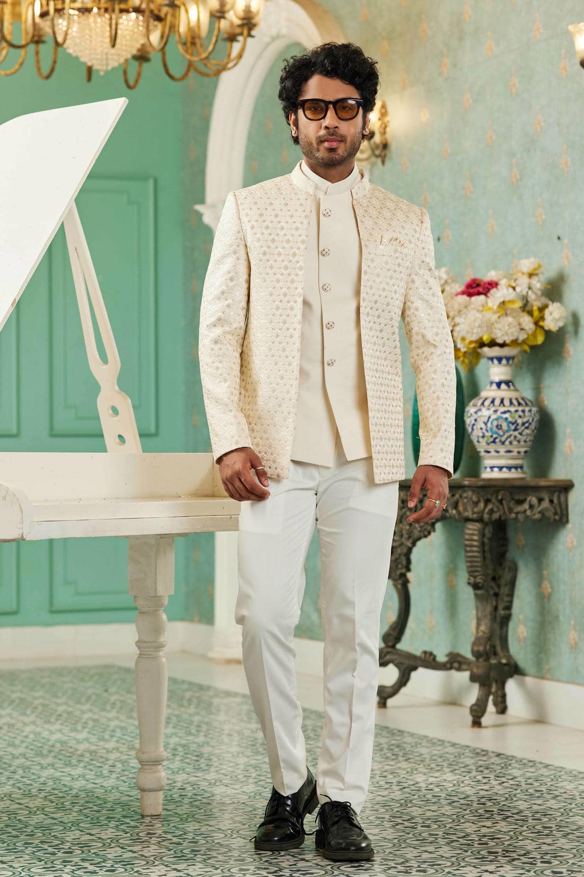 Cream Colour Thread Work Embroidery Art Silk 3 Pcs Jodhpuri Set JP1230623