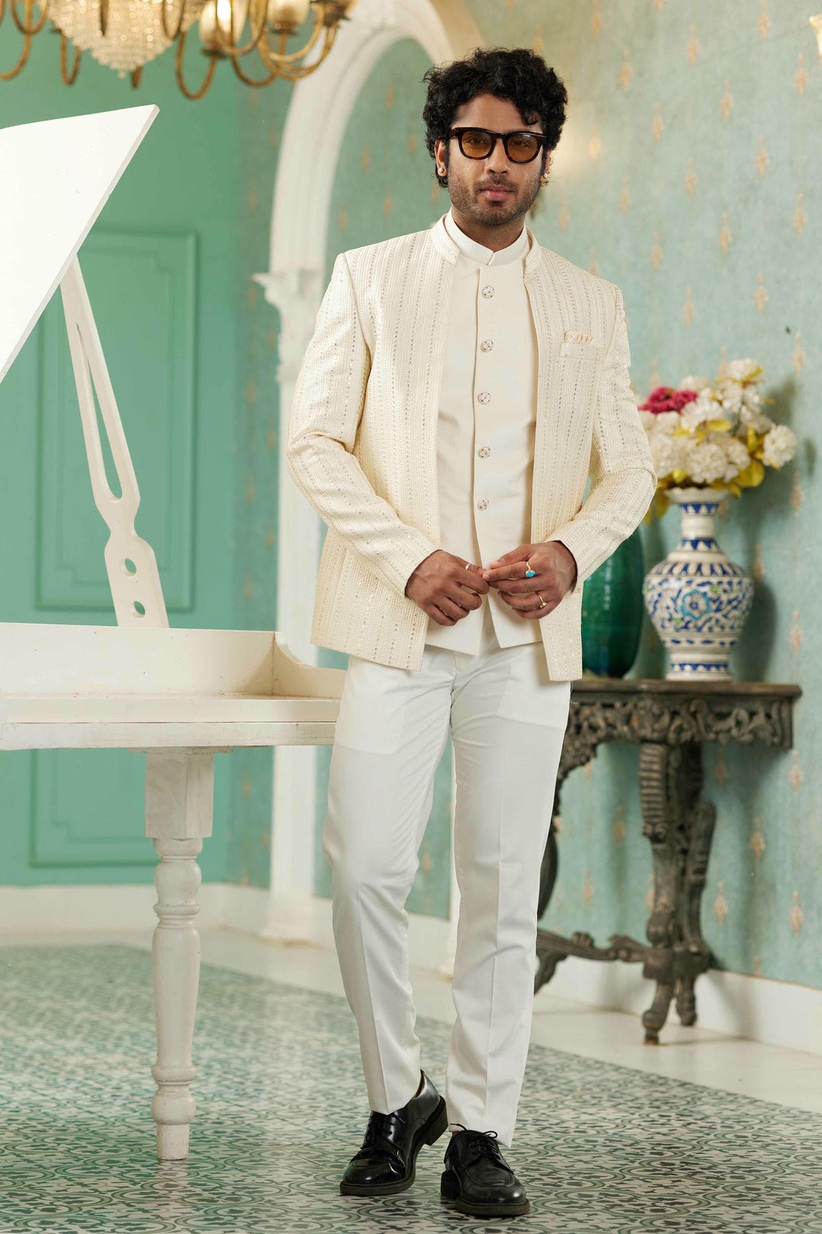 Cream Colour Thread Work Embroidery Art Silk 3 Pcs Jodhpuri Set JP1230628
