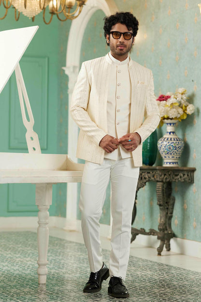 Cream Colour Thread Work Embroidery Art Silk 3 Pcs Jodhpuri Set JP1230628