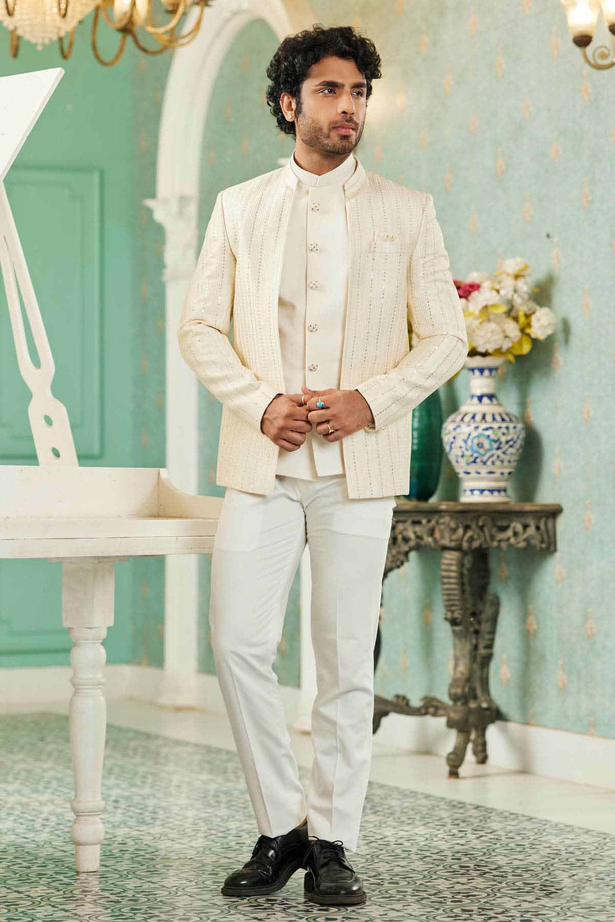 Cream Colour Thread Work Embroidery Art Silk 3 Pcs Jodhpuri Set JP1230628