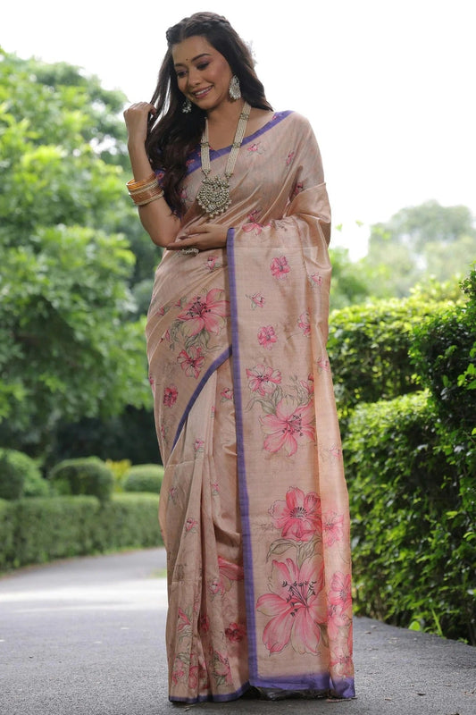 Cream Colour Tussar Silk Digital Printed Saree SD1290023
