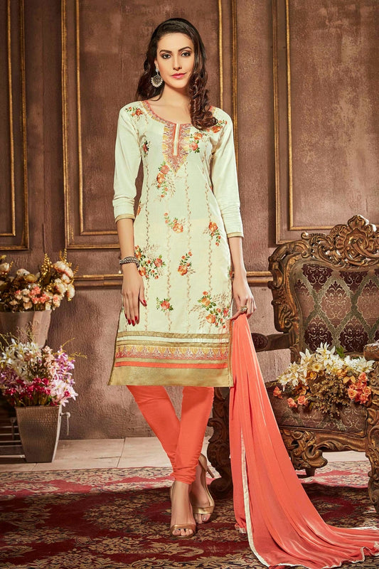 Cream Colour Unstitched Glaze Cotton Churidar Suit US1161189
