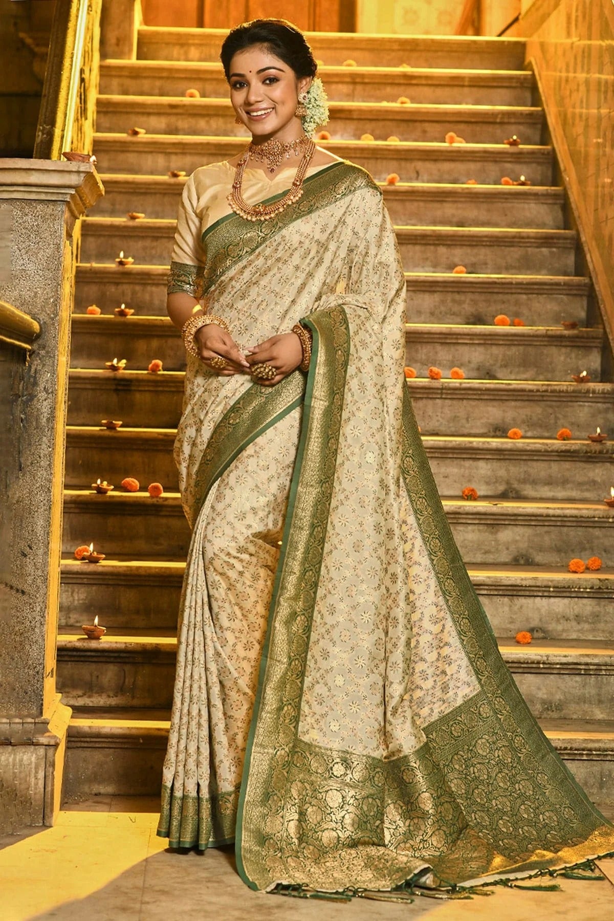 Cream Colour Woven Work Banarasi Silk Saree SD1101484