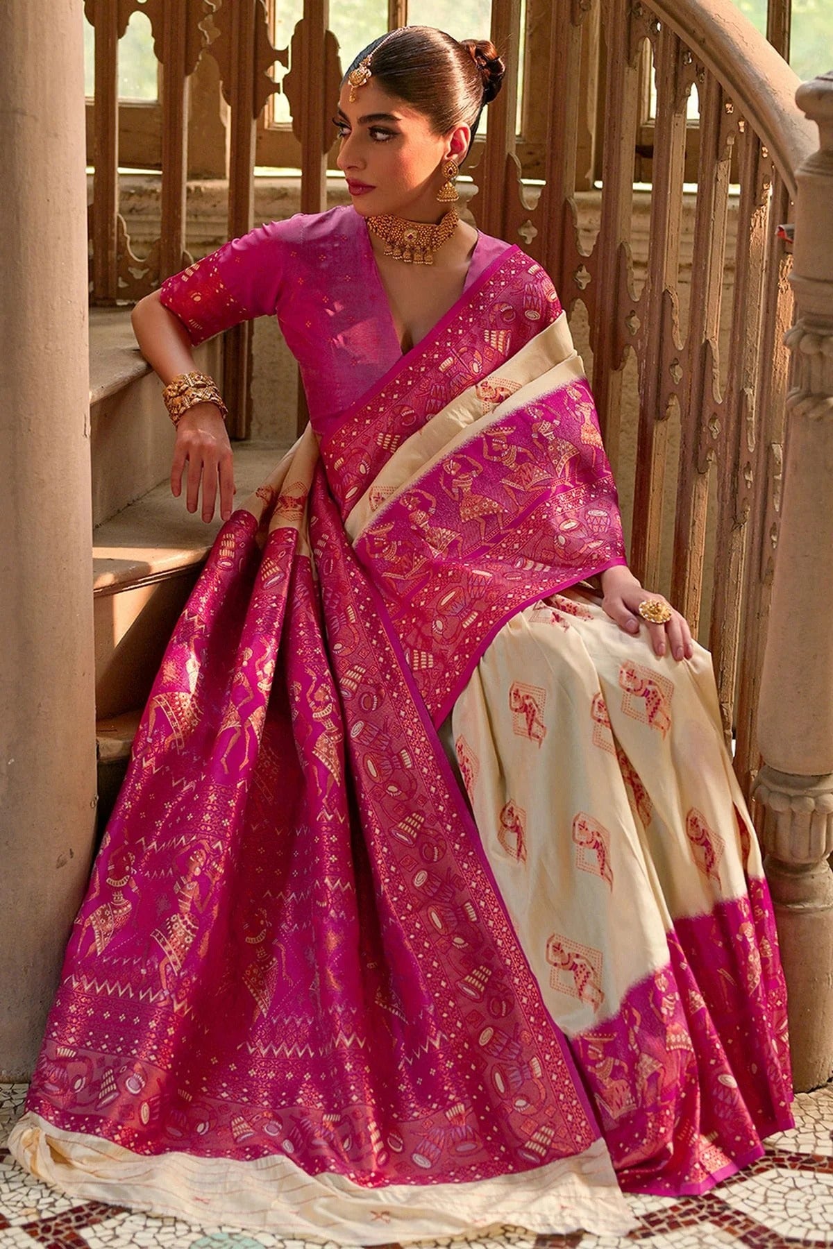 Cream Colour Woven Work Banarasi Silk Saree SD1260008 A