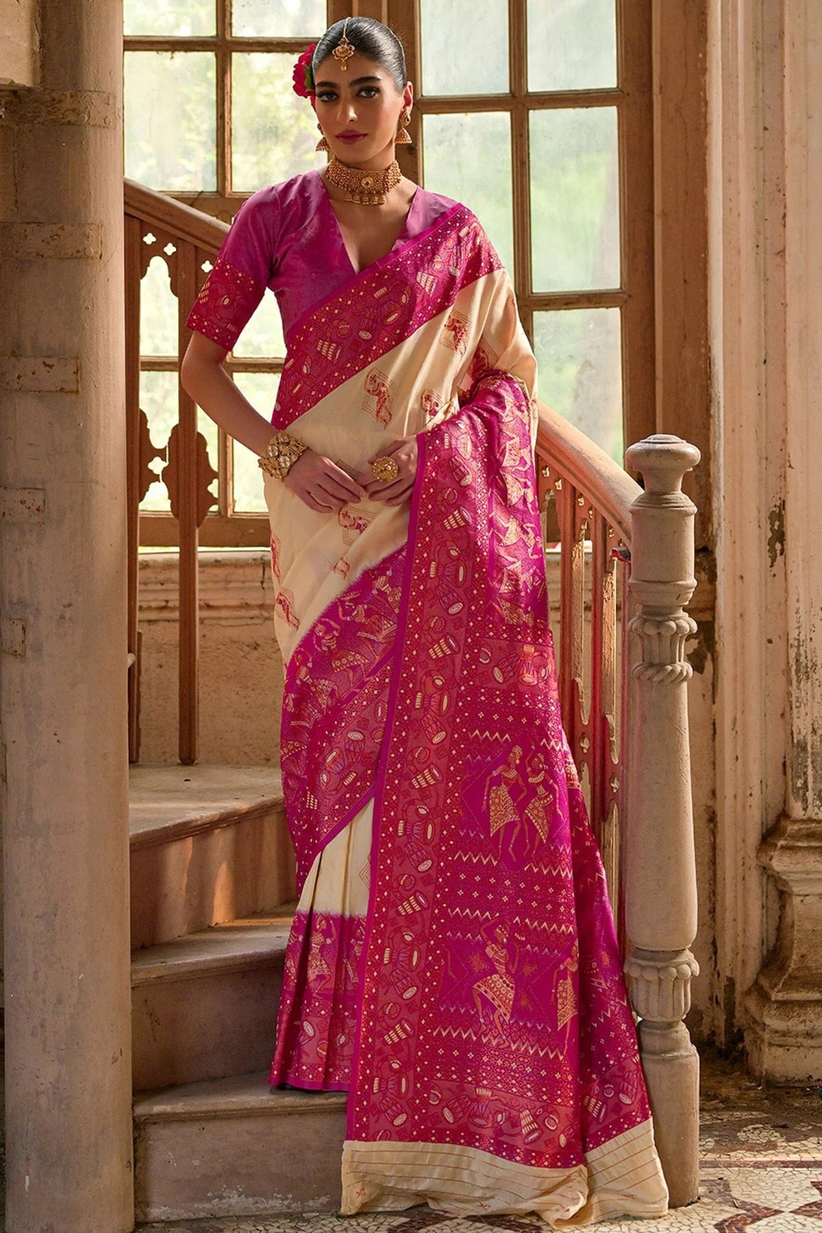 Cream Colour Woven Work Banarasi Silk Saree SD1260008