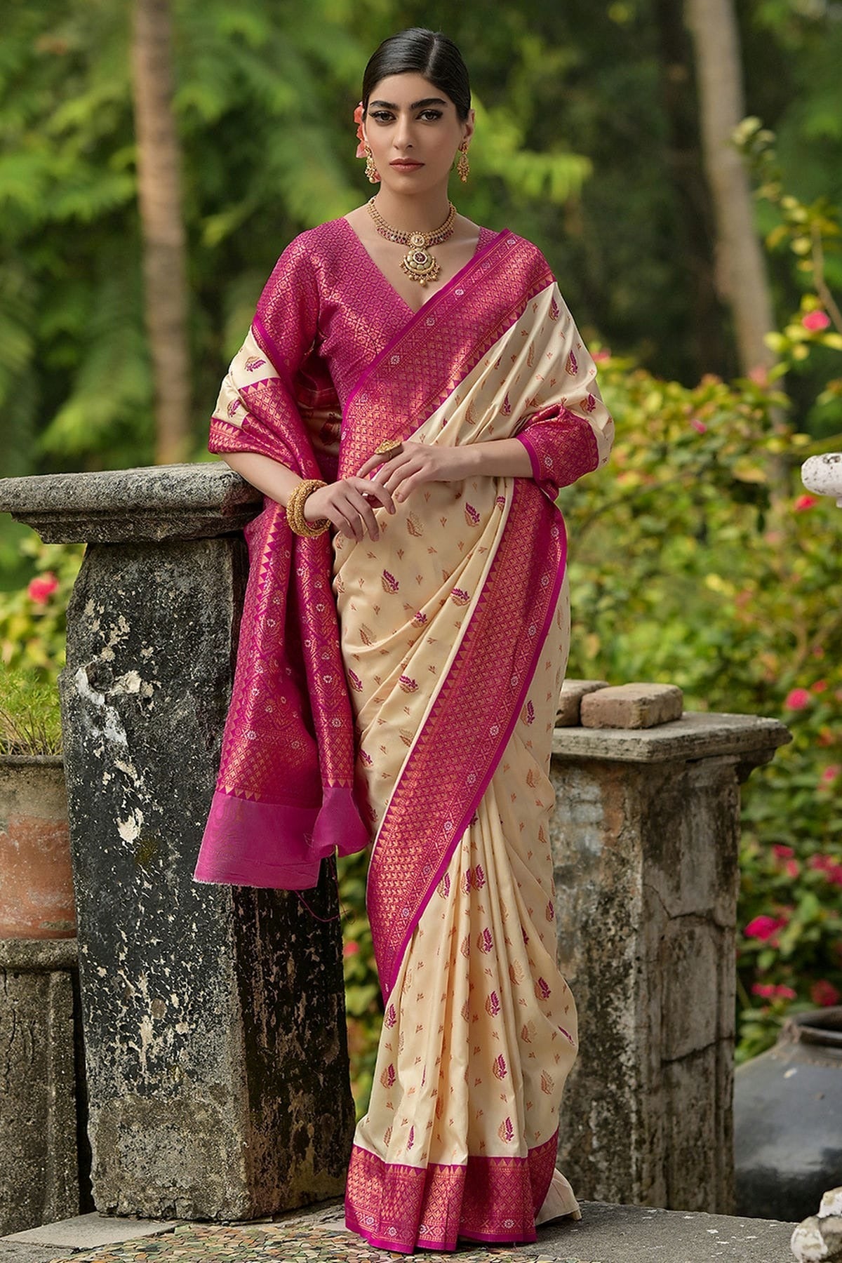 Cream Colour Woven Work Banarasi Silk Saree SD1260015 A