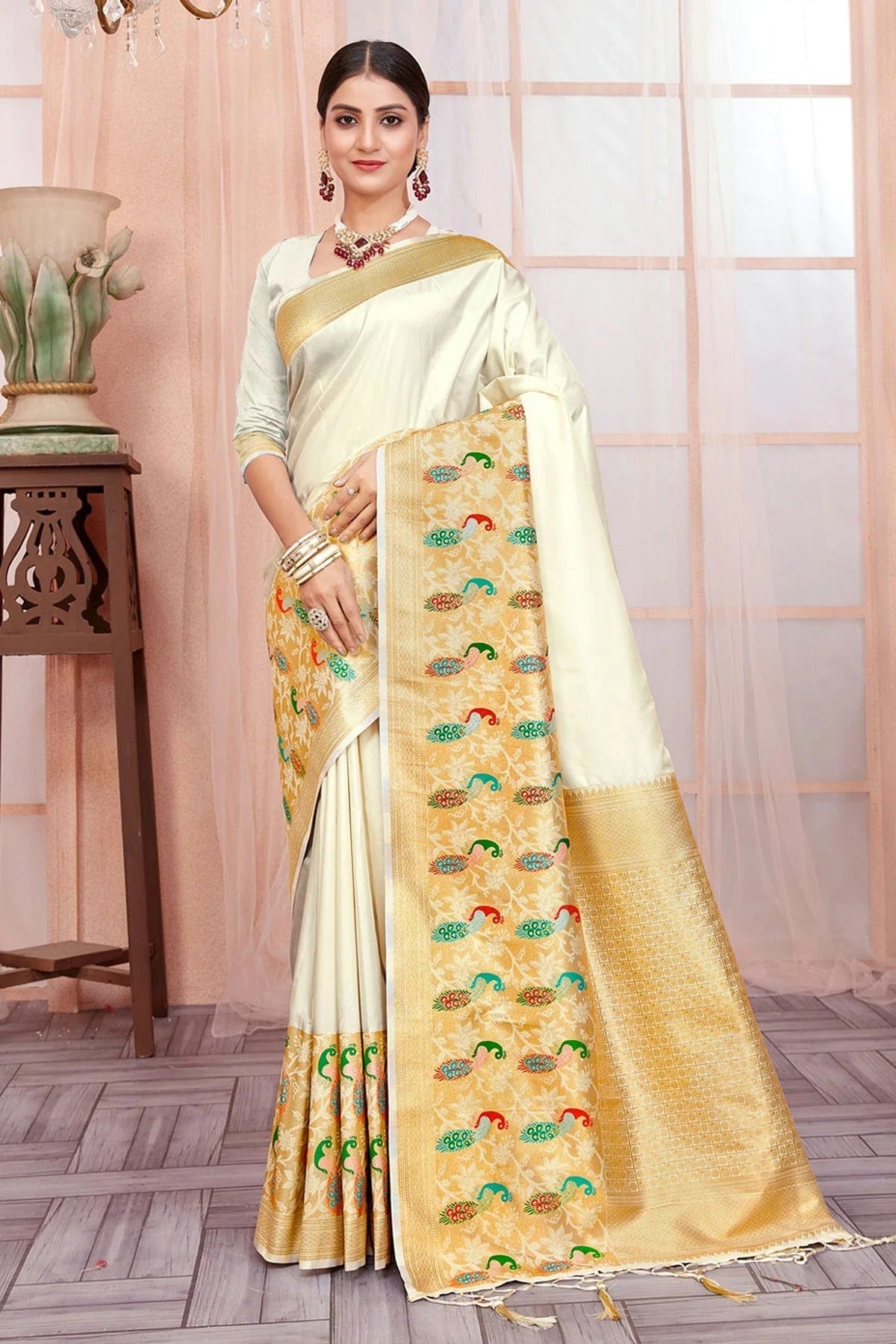 Cream Colour Woven Work Paithani Silk Saree SD1101638
