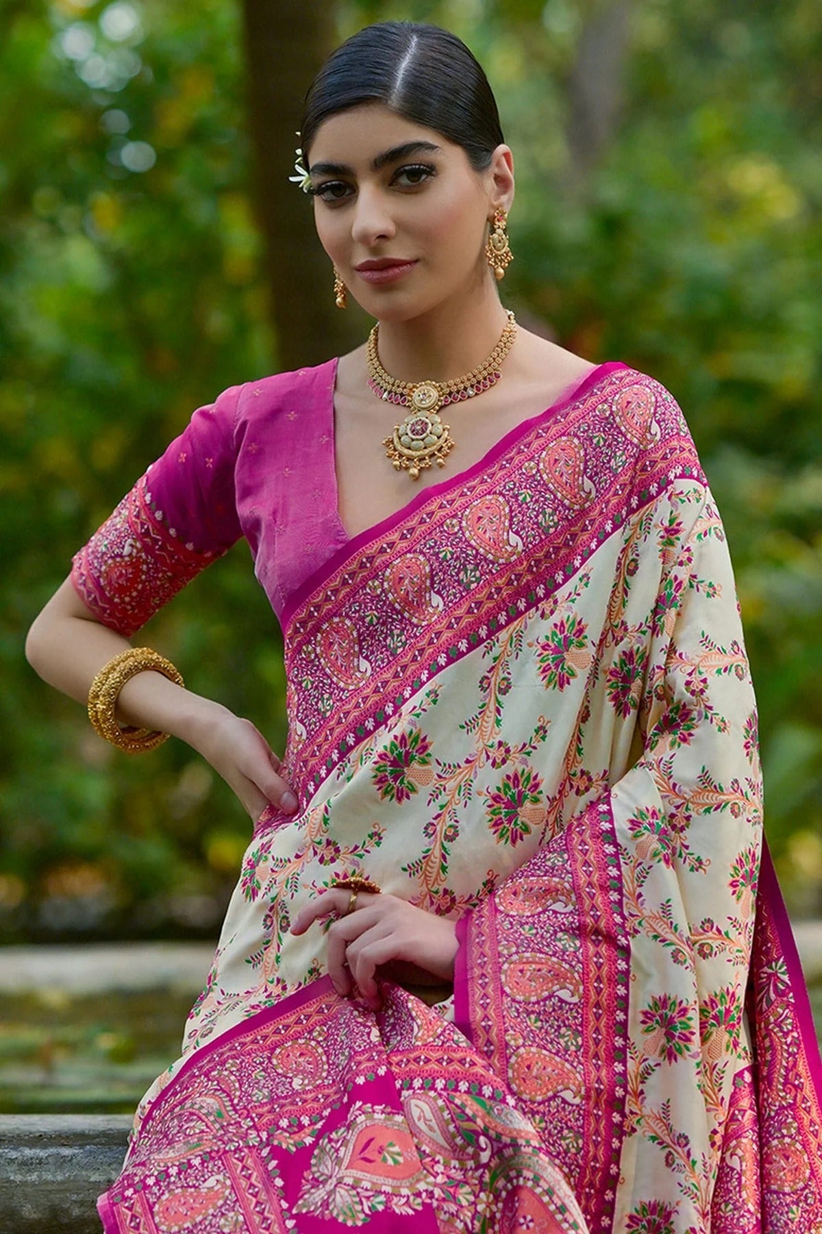 Cream Colour Woven Work Pashmina Silk Saree SD1260027 B