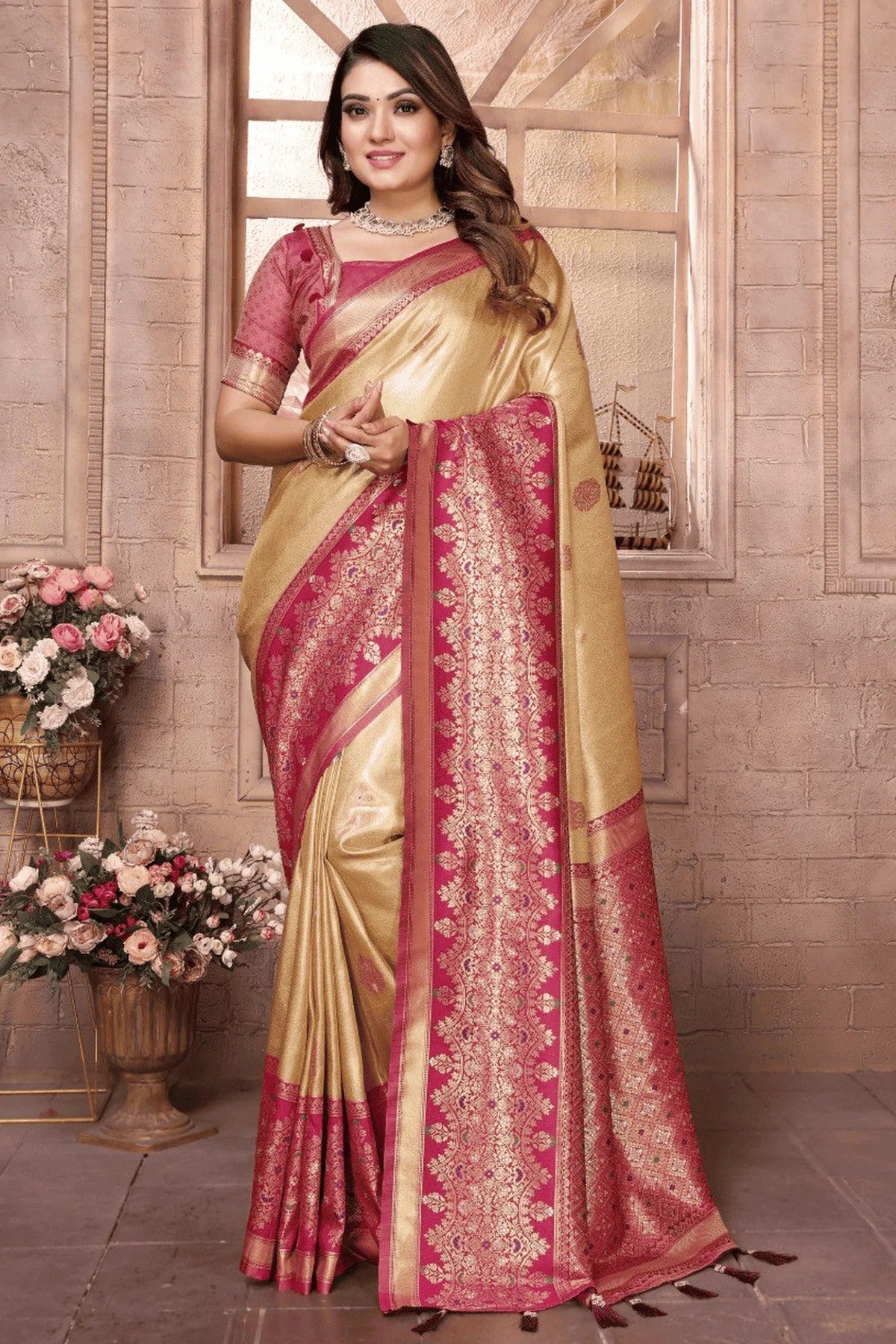 Cream Colour Woven Work Pure Banarasi Tissue Silk Traditional Saree SD1250285