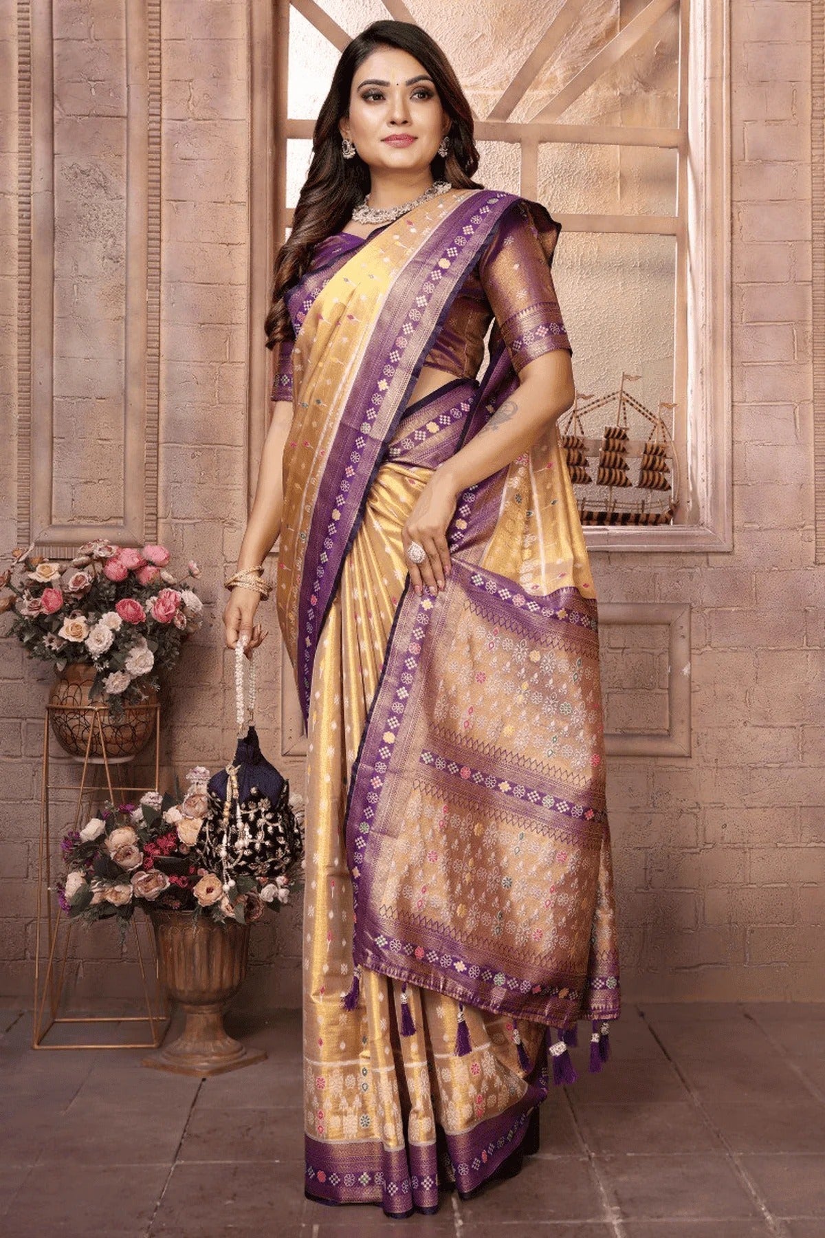 Cream Colour Woven Work Pure Banarasi Tissue Silk Traditional Saree SD1250302 A