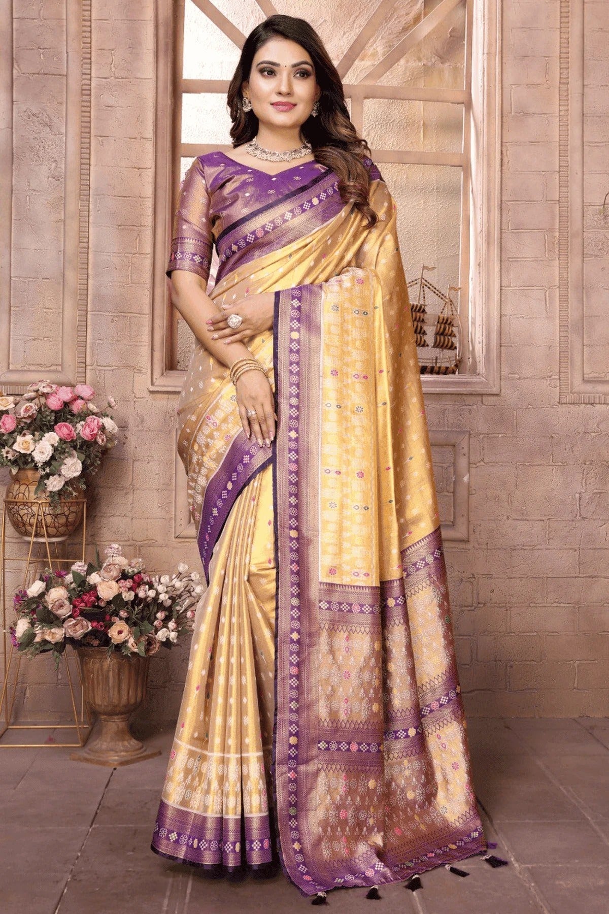 Cream Colour Woven Work Pure Banarasi Tissue Silk Traditional Saree SD1250302