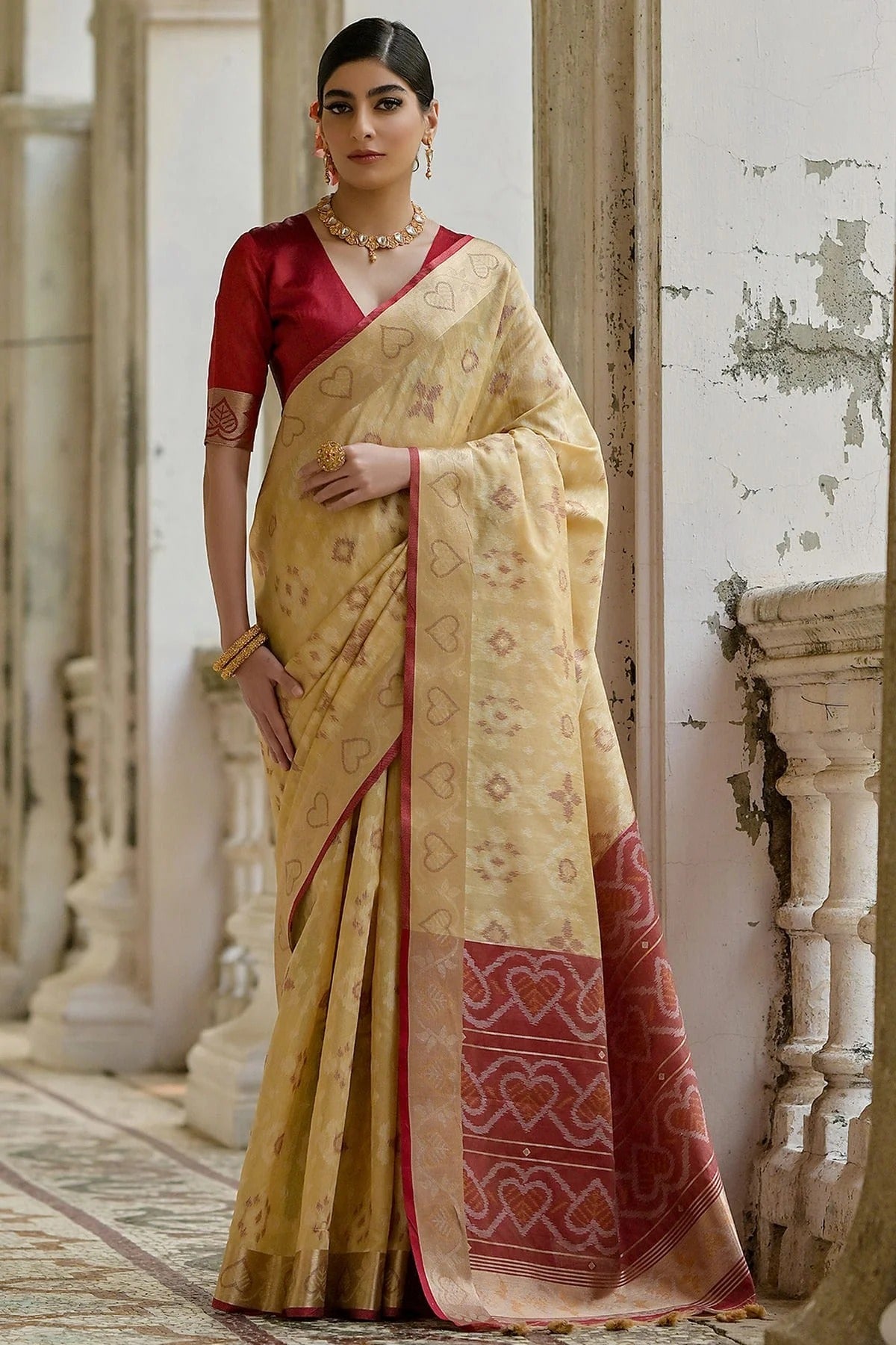 Cream Colour Woven Work Raw Silk Saree SD1260034