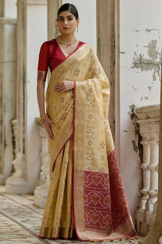 Cream Colour Woven Work Raw Silk Saree SD1260034
