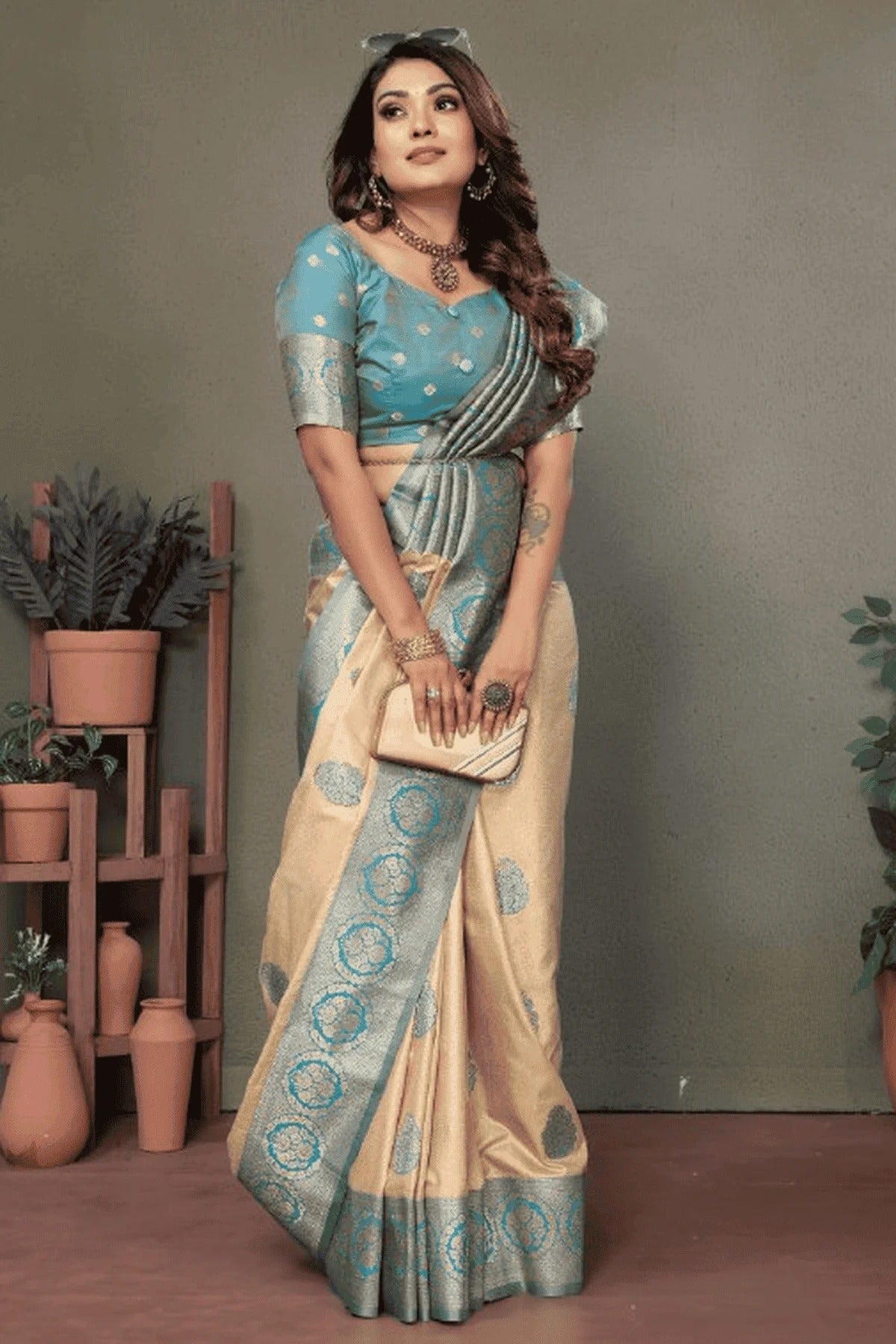 Cream Colour Woven Work Viscose Silk Traditional Saree SD1250260 A