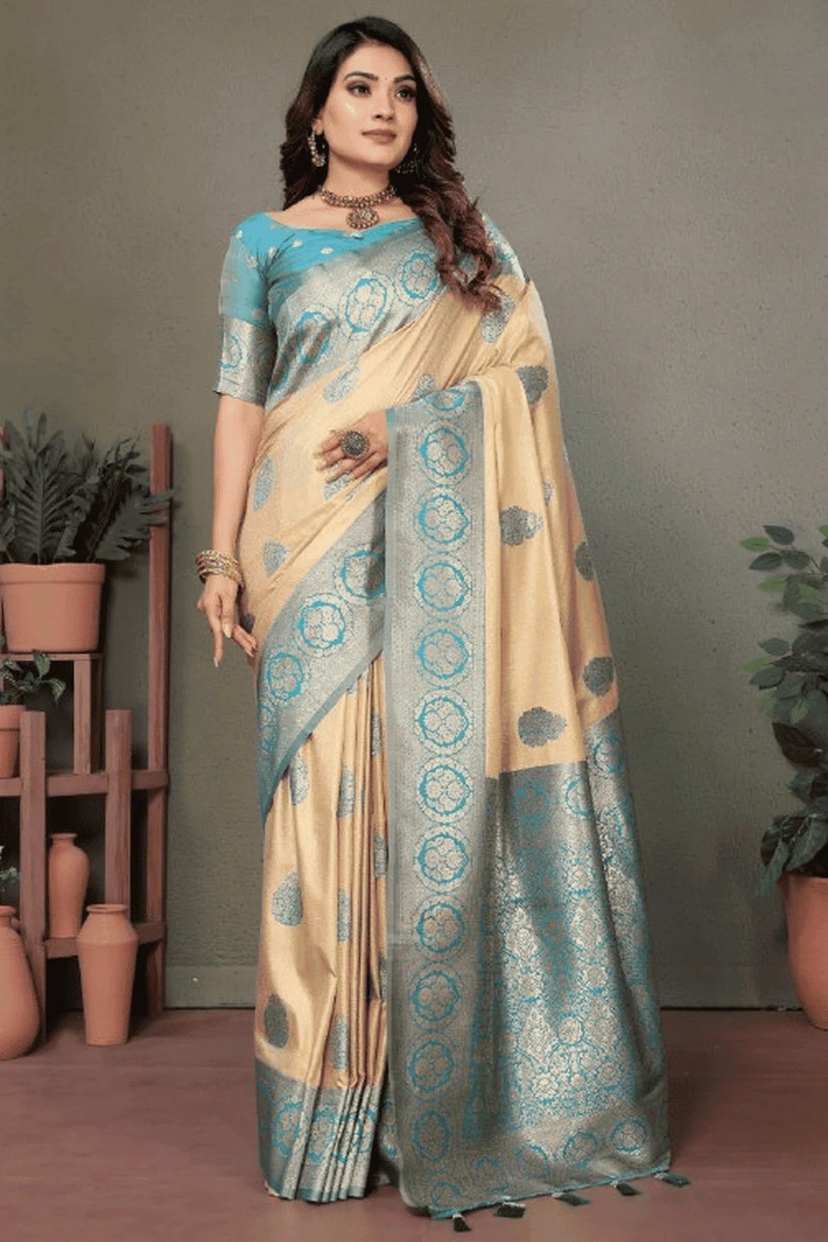 Cream Colour Woven Work Viscose Silk Traditional Saree SD1250260