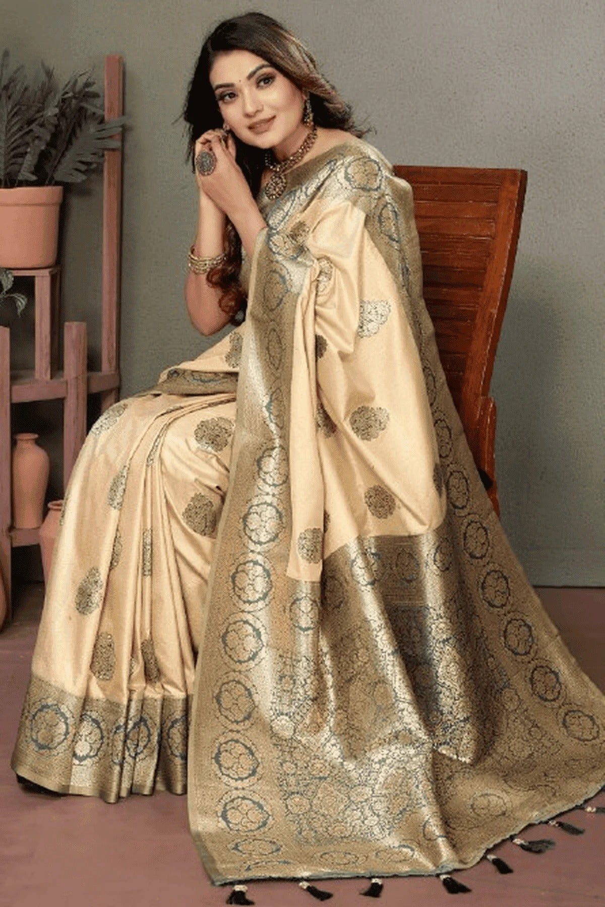 Cream Colour Woven Work Viscose Silk Traditional Saree SD1250261 A