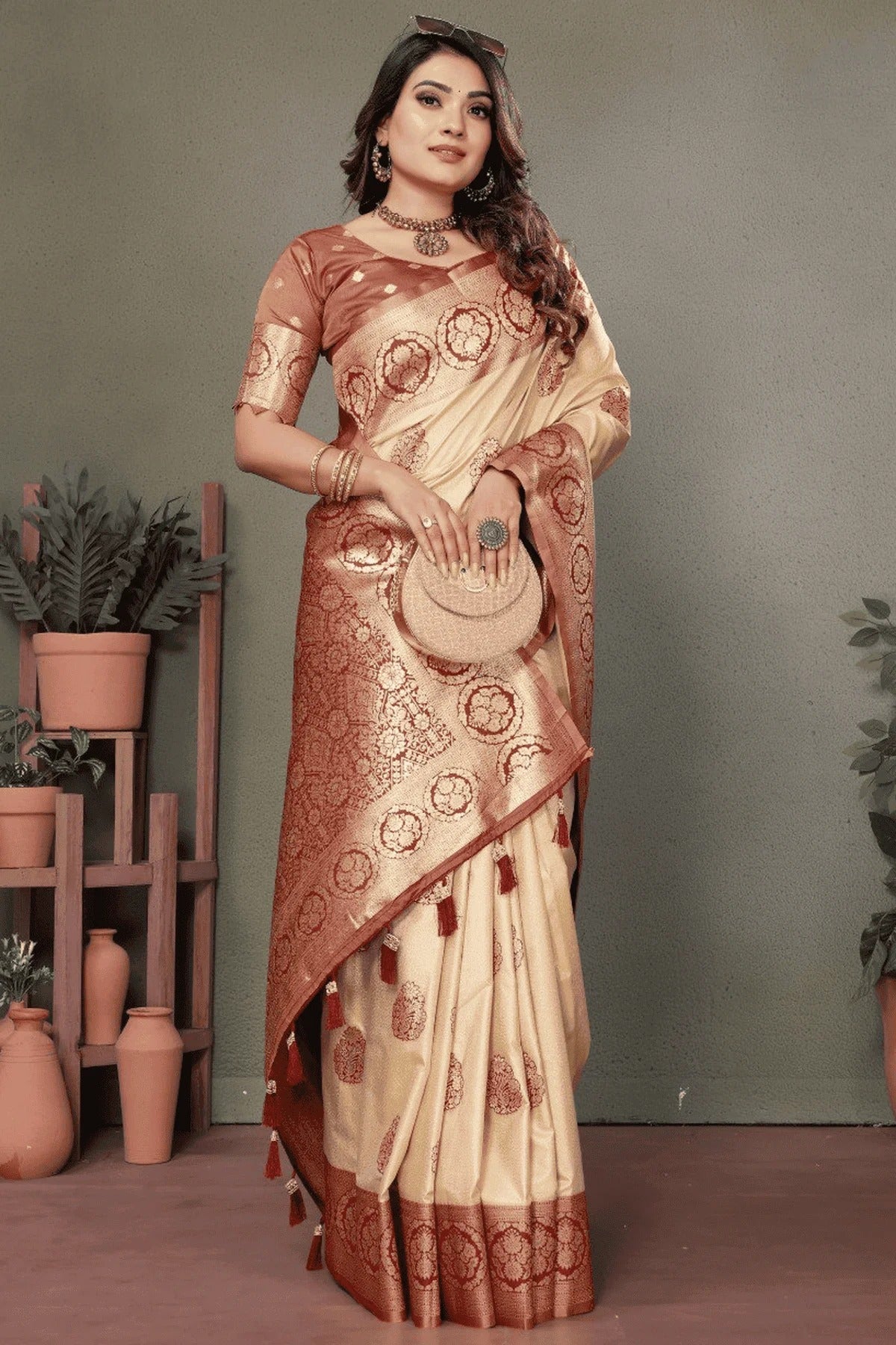 Cream Colour Woven Work Viscose Silk Traditional Saree SD1250262 A