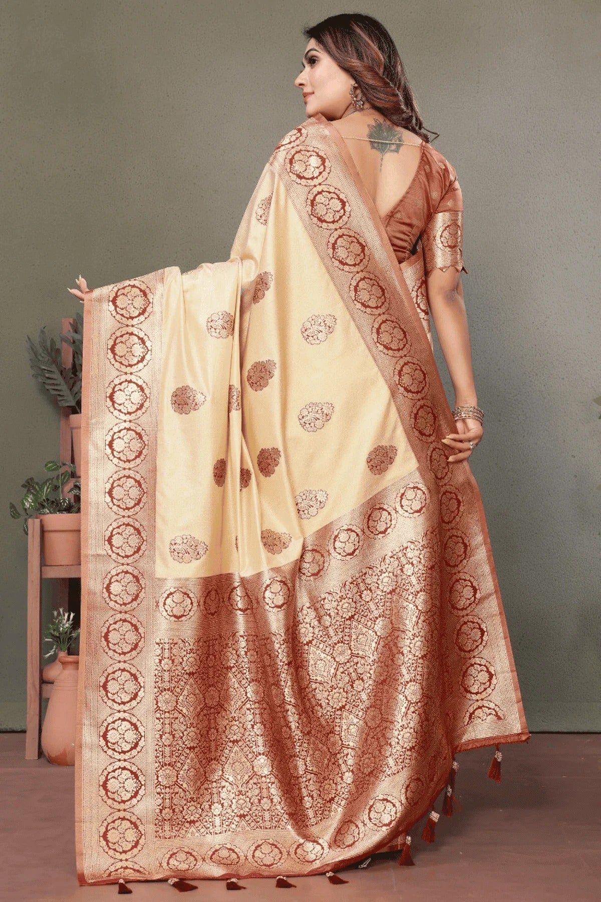 Cream Colour Woven Work Viscose Silk Traditional Saree SD1250262 B