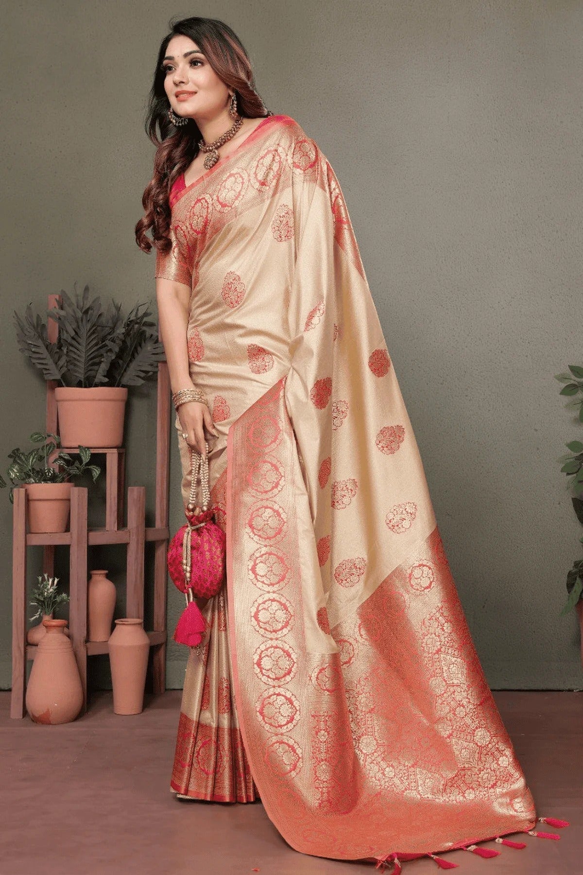 Cream Colour Woven Work Viscose Silk Traditional Saree SD1250263 A