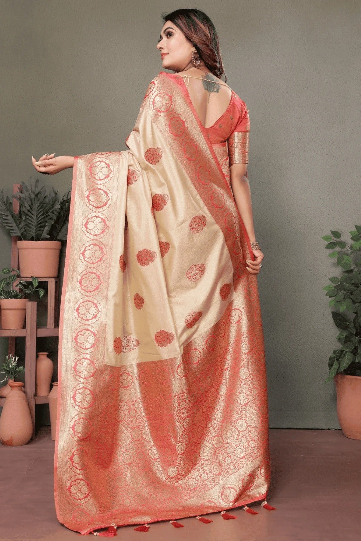 Cream Colour Woven Work Viscose Silk Traditional Saree SD1250263 B