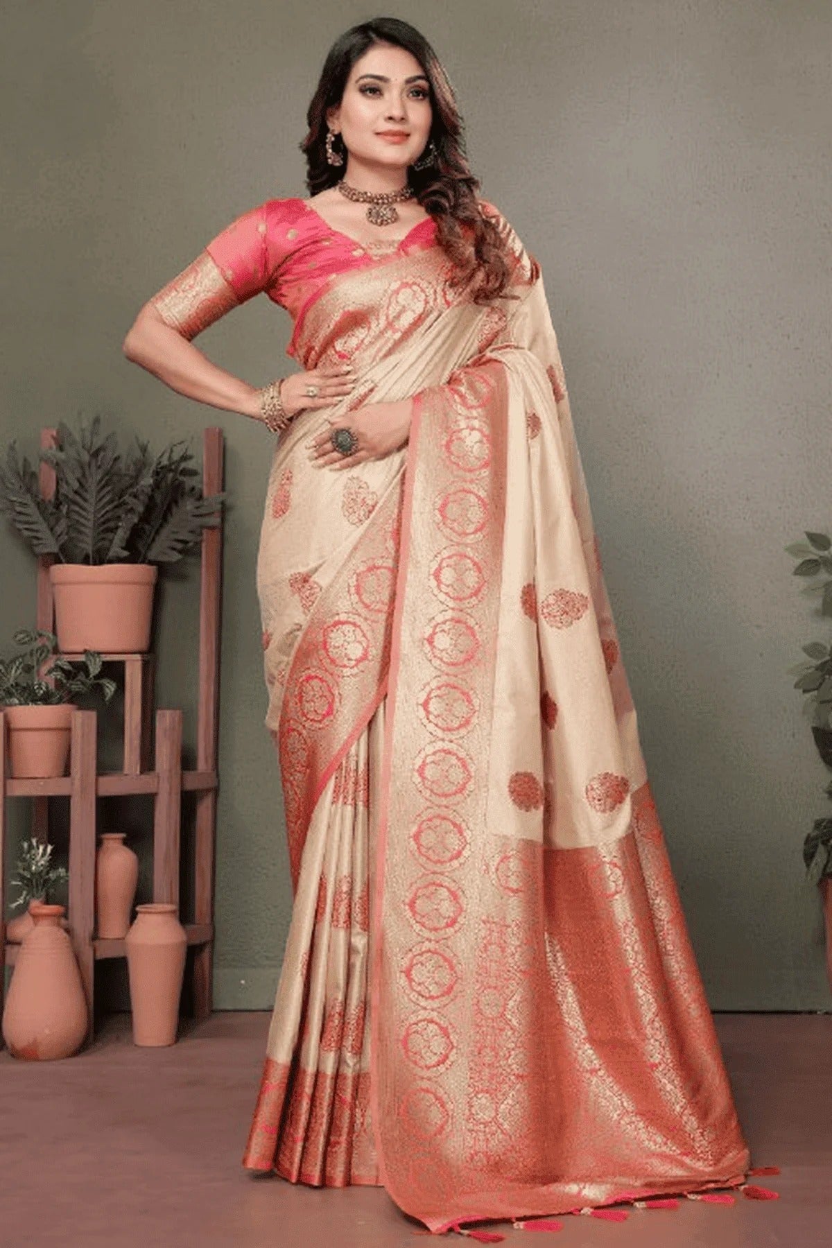Cream Colour Woven Work Viscose Silk Traditional Saree SD1250263